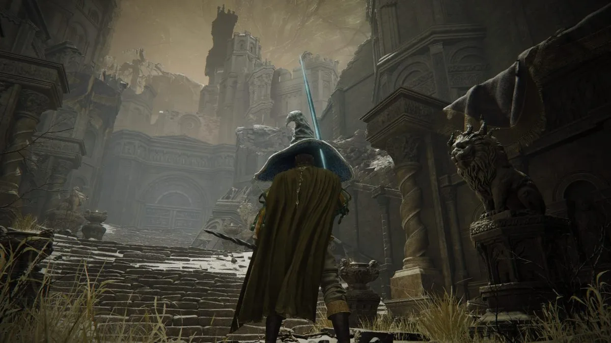 Elden Ring's Tarnished, big hat and ice sword in hand stand in the tower settlement,